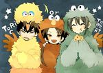  ^_^ big_bird big_bird_(cosplay) blush brown_hair closed_eyes commentary cookie cookie_monster cookie_monster_(cosplay) cosplay doudanuki_masakuni eating elmo elmo_(cosplay) engrish food halloween halloween_costume kashuu_kiyomitsu licking_lips long_hair looking_at_viewer male_focus mikazuki_munechika multiple_boys nekonomanma open_mouth ponytail ranguage sesame_street star tongue tongue_out touken_ranbu 