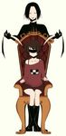  1girl armchair bangs black_hair black_legwear blindfold bra_strap braid brown_hair chair hoshina_(hsn125) long_hair madotsuki no_shoes pink_shirt purple_skirt sekomumasada_sensei shirt short_hair single_bare_shoulder sitting skirt socks sweater twin_braids yume_nikki 