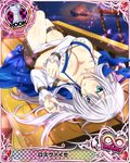  antenna_hair blue_eyes breasts card_(medium) character_name chess_piece cleavage covered_nipples hair_ribbon high_school_dxd high_school_dxd_infinity large_breasts long_hair lying official_art on_back parted_lips pirate ribbon rook_(chess) rossweisse silver_hair solo trading_card very_long_hair 