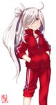  ahoge artist_logo asashimo_(kantai_collection) cowboy_shot dated grey_eyes grin hair_over_one_eye hands_in_pockets highres kanon_(kurogane_knights) kantai_collection long_hair ponytail red_track_suit signature silver_hair simple_background smile solo standing track_suit white_background 