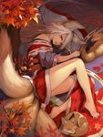  animal_ears autumn_leaves bangs bare_legs barefoot bell braid fetal_position fox fox_ears fox_girl fox_tail from_above full_body japanese_clothes jingle_bell kouhaku_nawa leaf long_hair looking_at_viewer lying maple_leaf multiple_tails obi obijime off_shoulder on_floor on_side open_mouth original parted_bangs plantar_flexion red_eyes ribbon_trim sash side_braid solo swept_bangs tail toe_scrunch white_hair wide_sleeves yoko-aki 