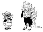  android android_21 baseball_cap boots commentary_request creator_connection crossover cyborg dr._slump dragon_ball dragon_ball_fighterz earrings glasses glasses_day gloves greyscale hat highres hoop_earrings jewelry labcoat lee_(dragon_garou) long_hair monochrome multiple_girls norimaki_arale overalls pantyhose shirt shorts squatting t-shirt toriyama_akira_(style) traditional_media trait_connection waving winged_hat 
