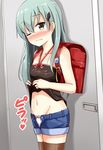  aikawa_ryou alternate_breast_size backpack bag blue_shorts blush brown_hair crime_prevention_buzzer eyebrows_visible_through_hair flat_chest green_eyes green_hair grin groin hair_between_eyes heart highres kantai_collection long_hair one_eye_closed panties randoseru shorts smile solo suzuya_(kantai_collection) thighhighs underwear white_panties younger 