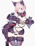 breasts cleavage commentary cowboy_shot dangerous_beast elbow_gloves fang fate/grand_order fate_(series) fur-trimmed_gloves fur-trimmed_legwear fur_collar fur_trim gloves grey_background hair_over_one_eye hands_up large_breasts lavender_hair looking_at_viewer mash_kyrielight navel o-ring o-ring_top open_mouth purple_eyes purple_gloves purple_legwear short_hair sidelocks silver_hair simple_background sino42 solo thigh_gap thighhighs thighs 