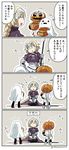  3girls 4koma :d armor armored_dress asaya_minoru bangs blonde_hair blue_eyes boots braid child closed_eyes comic commentary diadem eyebrows_visible_through_hair fate/apocrypha fate/grand_order fate_(series) flying_sweatdrops gauntlets ghost ghost_costume halloween halloween_costume headpiece jack-o'-lantern jack_the_ripper_(fate/apocrypha) jeanne_d'arc_(fate) jeanne_d'arc_(fate)_(all) jeanne_d'arc_alter_santa_lily long_hair multiple_girls open_mouth pumpkin scar seiza shoes single_braid sitting smile standard_bearer standing sweatdrop thighhighs translated trick_or_treat twitter_username very_long_hair |_| 