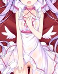  :o amemiya_ruki angel_wings bare_shoulders censored choker close-up collarbone dakimakura detached_wings dress dress_lift flat_chest frilled_dress frills hand_on_own_chest head_out_of_frame highres long_hair mini_wings mosaic_censoring new_game! nipples no_panties open_mouth purple_hair pussy pussy_juice see-through solo suzukaze_aoba twintails white_dress wings 