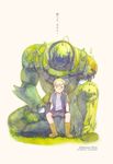  alphonse_elric animal armor armor_removed arms_at_sides artist_name bird black_jacket black_shirt blonde_hair boots character_name collared_shirt copyright_name dated eyebrows_visible_through_hair full_armor fullmetal_alchemist grass highres jacket light_smile looking_at_viewer male_focus moss open_clothes open_shirt plant shelattic shirt short_sleeves shorts simple_background sitting sitting_on_object solo translation_request white_background white_shirt yellow_eyes 