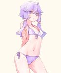  ahoge bikini contrapposto covered_nipples cowboy_shot flat_chest hair_bobbles hair_ornament highres jacket looking_at_viewer mochi_(mochi444420) navel purple_bikini purple_eyes purple_hair short_hair_with_long_locks side-tie_bikini simple_background solo standing swimsuit vocaloid voiceroid white_background yuzuki_yukari 