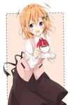  1girl bangs black_skirt blush bow bowtie coffee collared_shirt cowboy_shot cup eyebrows_visible_through_hair gochuumon_wa_usagi_desu_ka? hair_between_eyes hair_ornament hairclip holding hoto_cocoa long_sleeves looking_at_viewer orange_hair pink_vest purple_eyes rabbit_house_uniform red_bow red_neckwear saucer shiina_kuro shirt short_hair skirt smile solo standing two-tone_background vest white_shirt wing_collar 