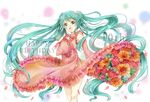  :d aqua_eyes aqua_hair bangs detached_sleeves dress floating_hair flower hand_on_own_chest happy_birthday hatsune_miku long_hair nail_polish open_mouth smile solo twintails very_long_hair vocaloid white_background yomogi_(black-elf) 