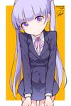  character_name commentary copyright_name cowboy_shot eyebrows_visible_through_hair formal head_tilt highres long_hair looking_at_viewer new_game! purple_eyes purple_hair signature simple_background skirt smile solo suit suzukaze_aoba tosyeo twintails very_long_hair yellow_background 