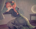  animal_ears bangs banned_artist bow braid breasts brown_eyes cat_ears closed_mouth curtains extra_ears from_side green_bow hair_bow indoors kaenbyou_rin long_hair looking_at_viewer medium_breasts red_hair side_braid solo touhou towako_(10wk0) window 