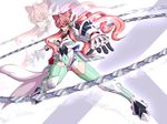  aoi_yuu_(komeda_yuu) ass_visible_through_thighs commentary_request covered_navel foreshortening full_body green_eyes hair_between_eyes headgear highres leotard maria_cadenzavna_eve open_mouth pink_hair senki_zesshou_symphogear solo thighhighs whip zoom_layer 