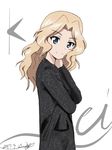  arm_grab black_coat blonde_hair blue_eyes bukkuri casual character_name character_signature closed_mouth dated eyebrows_visible_through_hair from_side girls_und_panzer hair_intakes hand_on_own_neck kay_(girls_und_panzer) long_hair long_sleeves looking_at_viewer signature simple_background smile solo standing upper_body white_background 