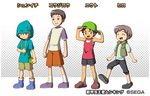  backwards_hat bandaid bandaid_on_knee baseball_cap black_shorts blonde_hair brown_hair brown_shorts character_name character_sheet clenched_hands closed_eyes extra green_hat grey_background halftone halftone_background hat hiro_(mushiking) hood hood_up hoodie insect_cage koujirou_(mushiking) lineup male_focus multiple_boys mushiking official_art orange_shorts shin_kouchuu_ouja_mushiking shirataki short_hair shorts shunichi_(mushiking) simple_background tank_top vest watermark white_background yuuto_(mushiking) 