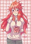  artist_name blush box dated gift gift_box grin hair_between_eyes holding holding_gift incoming_gift jewelry long_hair looking_at_viewer mishido_sun necklace pendant red_eyes red_hair senki_zesshou_symphogear smile solo symphogear_pendant valentine 