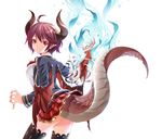  ahoge ass black_legwear blazer blue_fire dissolving_clothes dragon_girl dragon_horns dragon_tail dragon_wings fire granblue_fantasy grea_(shingeki_no_bahamut) highres horns jacket looking_at_viewer pleated_skirt pointy_ears purple_hair raynart red_eyes shingeki_no_bahamut shirt short_hair skirt solo tail thighhighs white_background white_shirt wings 