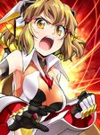  bare_shoulders breasts brown_hair chikugen_shiina clenched_hand hair_ornament hairclip headgear leotard looking_at_viewer medium_breasts open_mouth senki_zesshou_symphogear short_hair solo tachibana_hibiki_(symphogear) 