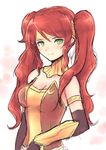  alternate_hairstyle armlet bangs black_gloves breasts cat_with_a_brush choker cleavage earrings elbow_gloves gloves green_eyes hair_between_eyes headpiece highres jewelry long_hair looking_at_viewer medium_breasts parted_bangs pyrrha_nikos red_hair rwby shiny shiny_hair simple_background sketch smile solo strapless twintails upper_body very_long_hair white_background 