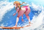  aqua_eyes ass barefoot bent_over bikini bikini_bottom blush bracelet braid brown_hair commentary_request from_behind idolmaster idolmaster_million_live! jewelry kneepits kousaka_umi long_hair looking_back open_mouth side-tie_bikini solo surfboard surfing swimsuit twin_braids water waves wet zonbaio 