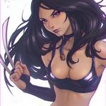 bare_shoulders bikini_top black_hair breasts choker claw_(weapon) cleavage clenched_hand elbow_gloves eyelashes fingerless_gloves gloves green_eyes ilya_kuvshinov jewelry long_hair marvel medium_breasts skin_tight sleeveless solo weapon white_background x-23 x-men 