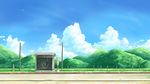  bus_stop chabo_(inmu) cloud commentary_request day fence field highres hill lamppost manatsu_no_yo_no_inmu no_humans outdoors road road_sign rural scenery sign sky 