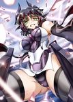  ass_visible_through_thighs black_hair breasts clenched_teeth covered_navel covered_nipples from_below green_eyes headgear kohinata_miku large_breasts laser_beam looking_at_viewer senki_zesshou_symphogear short_hair solo suga_leon sweat tears teeth thighhighs 