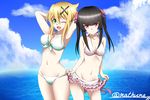  :d akatsuki_kirika armpits arms_behind_head bangs bikini bikini_skirt black_hair blunt_bangs bow breasts cleavage commentary_request fang green_bikini groin hair_between_eyes hair_bow hair_ornament hiiragi_natsume medium_breasts multiple_girls navel one_eye_closed open_mouth pink_bikini senki_zesshou_symphogear smile swimsuit tsukuyomi_shirabe twintails twitter_username water x_hair_ornament 