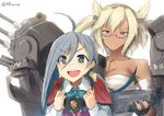  2girls absurdres ahoge asymmetrical_bangs bangs bare_shoulders black_nails blonde_hair bow bowtie breasts brown_eyes budget_sarashi cannon cape clenched_hands collar commentary_request ebizome excited glasses grey_eyes grey_hair hair_flaps hair_ornament halterneck highres kantai_collection kiyoshimo_(kantai_collection) large_breasts long_sleeves low_twintails multiple_girls musashi_(kantai_collection) nail_polish official_style open_mouth rigging sarashi school_uniform semi-rimless_eyewear shizuma_yoshinori_(style) smile symbol-shaped_pupils turret twintails twitter_username white_background 