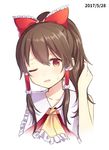  ascot bare_arms bow brown_hair hair_bow hair_over_shoulder hair_tubes hakurei_reimu highres long_hair looking_at_viewer no_detached_sleeves one_eye_closed ponytail red_bow red_eyes sidelocks simple_background solo sweat touhou upper_body vest white_background yamayu 