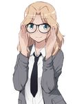  adjusting_eyewear bespectacled black-framed_eyewear black_neckwear blazer blonde_hair blue_eyes commentary_request dress_shirt eyebrows_visible_through_hair girls_und_panzer glasses grey_jacket hair_intakes jacket katatsuka_kouji kay_(girls_und_panzer) long_hair long_sleeves looking_at_viewer loose_necktie necktie saunders_school_uniform school_uniform shirt simple_background sketch solo standing upper_body white_background white_shirt 