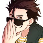  black_hair casual fate/zero fate_(series) hands_together lancer_(fate/zero) male_focus mogi2829 shirt solo striped striped_shirt sunglasses yellow_eyes 