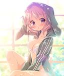  blush breasts choker cleavage collarbone eyebrows_visible_through_hair gochuumon_wa_usagi_desu_ka? hood hoodie hoto_mocha large_breasts long_sleeves looking_at_viewer mitsumomo_mamu parted_lips purple_eyes red_hair short_hair solo 