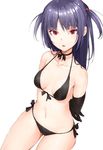  arms_behind_back bare_shoulders bikini black_bikini black_gloves breasts choker collarbone copyright_request cowboy_shot elbow_gloves fang gloves halterneck long_hair looking_at_viewer maeda_risou navel parted_lips purple_hair red_eyes ribbon_choker side-tie_bikini simple_background sitting slit_pupils small_breasts solo swimsuit two_side_up white_background 
