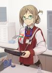  7-eleven alternate_costume bangs black_legwear brown_hair cashier collared_shirt counter employee_uniform folded_ponytail glasses green_eyes hinami_(hinatamizu) indoors kantai_collection katori_(kantai_collection) lanyard light_brown_hair long_sleeves looking_at_viewer name_tag necktie pantyhose parted_bangs revision shirt smile solo standing tape_dispenser twitter_username uniform 