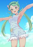  :d armpits bangs blue_sky blush bouzu_(bonze) breasts cloud dark_skin day flower green_eyes green_hair hair_flower hair_ornament long_hair looking_at_viewer low_twintails mao_(pokemon) medium_breasts open_mouth outstretched_arms overalls pink_shirt pokemon pokemon_(game) pokemon_sm shirt sky sleeveless sleeveless_shirt smile solo spread_arms swept_bangs trial_captain twintails 