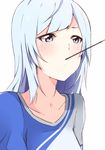  blue_eyes blush enelis food idolmaster idolmaster_million_live! idolmaster_million_live!_theater_days long_hair looking_at_viewer pocky pocky_kiss shared_food shiraishi_tsumugi silver_hair simple_background solo upper_body white_background 