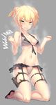  3: adapted_costume asymmetrical_hair bangs bare_legs bikini bikini_skirt black_skirt blonde_hair blush breasts character_name closed_mouth dev eyebrows_visible_through_hair front-tie_bikini front-tie_top full_body girls_frontline green_eyes grey_background grey_bikini hands_up highres holster kneeling looking_at_viewer navel shoes short_twintails showgirl_skirt sidelocks simple_background skirt slippers small_breasts solo steam steaming_body sweat swimsuit thigh_holster thigh_strap thighs tsurime twintails welrod_mk2_(girls_frontline) 