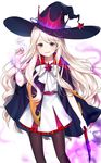  black_hat black_legwear blonde_hair blue_eyes blush cookie_run eyebrows_visible_through_hair feet_out_of_frame hat long_hair looking_at_viewer moffle_(ayabi) pantyhose parted_lips personification short_sleeves smile solo very_long_hair witch_hat 