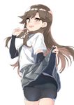  :d arashio_(kantai_collection) arm_warmers ass bangs black_panties black_skirt blush brown_eyes brown_hair collared_shirt cowboy_shot ebifurya eyebrows_visible_through_hair finger_to_mouth from_behind hair_flaps hand_up highres kantai_collection lifted_by_self long_hair looking_at_viewer looking_back open_mouth panties pleated_skirt shirt short_sleeves shorts shorts_under_skirt sidelocks simple_background skirt skirt_lift smile solo suspender_skirt suspenders twisted_torso underwear white_background white_shirt 