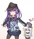  akatsuki_(kantai_collection) alternate_costume black_hat black_legwear blue_eyes blue_skirt blush bucket bucket_on_head camouflage chibi commentary_request earmuffs gradient gradient_background hat hibiki_(kantai_collection) jacket kantai_collection long_hair looking_at_viewer multiple_girls no_arms no_legs no_mouth object_on_head pantyhose pleated_skirt purple_eyes purple_hair reitou_mikan remodel_(kantai_collection) russian school_uniform serafuku silver_hair skirt sparkle translated verniy_(kantai_collection) white_hat 