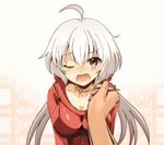  ahoge blush breasts cleavage commentary_request feeding hair_between_eyes hinahime large_breasts long_hair open_mouth out_of_frame pov pov_feeding pov_hands purple_eyes senki_zesshou_symphogear silver_hair solo_focus sweatdrop yukine_chris 