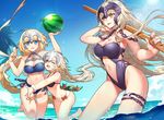  :d bikini blonde_hair blue_eyes bokken breasts center_opening chain cleavage fang fate/grand_order fate_(series) food fruit grey_hair headpiece jeanne_d'arc_(alter)_(fate) jeanne_d'arc_(fate) jeanne_d'arc_(fate)_(all) jeanne_d'arc_alter_santa_lily large_breasts long_hair looking_at_viewer midriff multiple_girls nail_polish navel nemovo ocean one-piece_swimsuit one_eye_closed open_mouth purple_nails ribbon smile strapless strapless_bikini strapless_swimsuit swimsuit sword thigh_strap very_long_hair wading water watermelon weapon wooden_sword yellow_eyes 