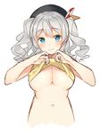  areola_slip areolae arms_up bare_arms bekotarou beret black_hat blue_eyes blush breasts clothes_lift commentary_request eyebrows_visible_through_hair hat highres kantai_collection kashima_(kantai_collection) large_breasts lifted_by_self looking_at_viewer navel short_hair short_twintails silver_hair simple_background skirt solo stomach tareme twintails upper_body wavy_hair white_background 