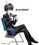  artist_name black_hair blue_neckwear brown_eyes chair closers collared_shirt copyright_name crossed_legs hat male_focus necktie party_hat playback playing_games seha_lee shirt sitting solo uniform 