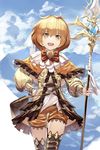  :d bad_id bad_pixiv_id bag blonde_hair blue_sky brown_eyes brown_hair brown_legwear brown_shorts castle chain cloud day eis frills hand_on_hip handbag highres holding holding_staff looking_at_viewer open_mouth original outdoors puffy_sleeves short_hair shorts sky smile staff standing 