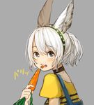  animal_ears black_choker blush bunny_ears carrot choker eating food from_side green_hairband grey_background grey_eyes grey_hair hairband highres holding holding_food holding_vegetable looking_at_viewer looking_to_the_side mouth_hold original parted_lips ponytail sako_(user_ndpz5754) shirt short_sleeves simple_background solo suspenders yellow_shirt 