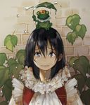  animal animal_on_head black_eyes black_hair clothed_animal collar commentary_request crown crying crying_with_eyes_open day dress frilled_shirt_collar frills frog frog_prince grimm's_fairy_tales hair_between_eyes highres holding holding_leaf leaf leaf_umbrella looking_at_viewer on_head parted_lips plant rain red_vest sad sako_(user_ndpz5754) tears vest water_drop wet wet_hair white_dress 
