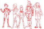  armor ascot braid choufu_shimin commentary double_bun exoskeleton flip-flops formal glasses goggles goggles_around_neck hat kantai_collection labcoat monochrome multiple_girls pantyhose red sandals shinkaisei-kan short_hair simple_background sketch skirt_suit suit torn_clothes torn_legwear 