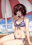  absurdres arm_support bangs beach_umbrella bikini blue_bikini breasts brown_eyes brown_hair eyewear_on_head food front-tie_top gyakushuu_no_hoshiumi highres ice_cream katou_megumi looking_at_viewer medium_breasts open_mouth revision saenai_heroine_no_sodatekata short_hair side-tie_bikini sitting solo striped striped_bikini sunglasses swimsuit umbrella yokozuwari 